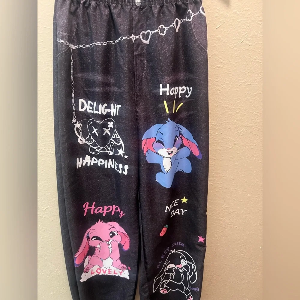 Kids joggers with Cartoon Bunny Print - Black